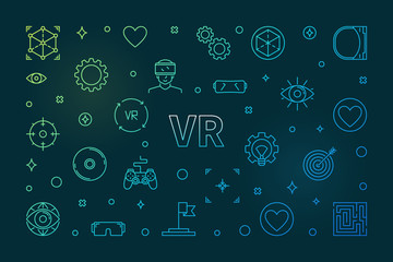 VR concept colored horizontal illustration in thin line style. Virtual Reality concept banner on dark background