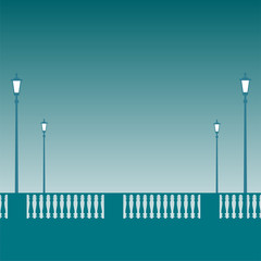 Night city square with a fence and luminous street lamps. Vector illustration of a background in the form of silhouettes in blue tones for text.