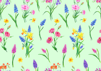 Spring flowers seamless pattern of daffodils, muscari, eustoma and freesia on a pale green background, watercolor illustration, print for fabric and other designs.