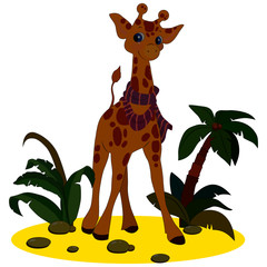 vector illustration, white background isolate, image of giraffes and tropical plants and palm trees in cartoon style in color