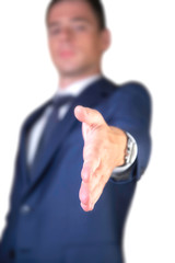 Business man stretching hand to handshake . Man open hand ready to seal a deal,  isolated on a white background 