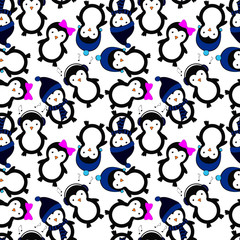 Seamless cartoon style pattern with penguins