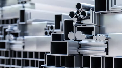Keuken spatwand met foto close-up van assortiment van verschillende metalen profielen gemaakt van aluminium en staal als bouwmateriaal in magazijn van groothandels of ijzerhandel voor selectie als 3D-rendering © Bildwerk