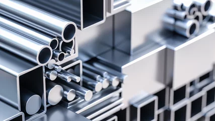 Foto op Plexiglas close-up van assortiment van verschillende metalen profielen gemaakt van aluminium en staal als bouwmateriaal in magazijn van groothandels of ijzerhandel voor selectie als 3D-rendering © Bildwerk