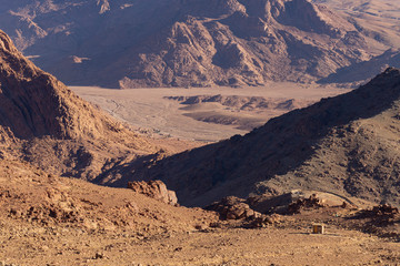 Egypt. Bedouin village. Mount Sinai in the morning at sunrise. (Mount Horeb, Gabal Musa, Moses Mount). Pilgrimage place and famous touristic destination.