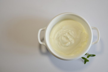 Healthy diet food. Dairy products. In a plate sour cream.