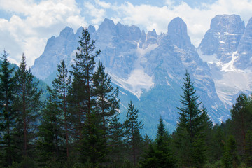 Dolomites Italien Mountaun and green forest and blue sky 