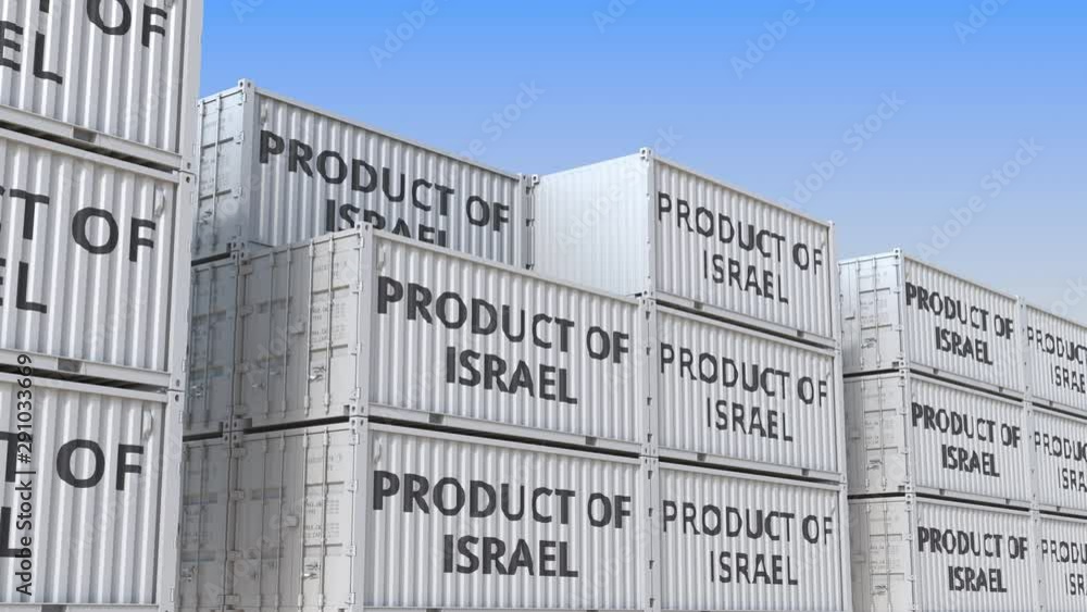 Aufkleber containers with product of israel text in a container terminal, loopable 3d animation