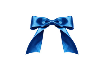 A blue ribbon with a bow on a white.
