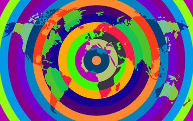 Abstract world map of colorful round stripes