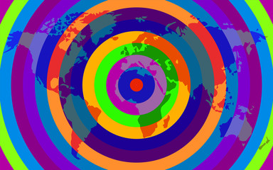 Abstract world map of colorful round stripes