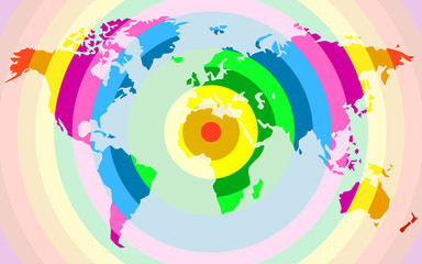 Abstract world map of colorful round stripes