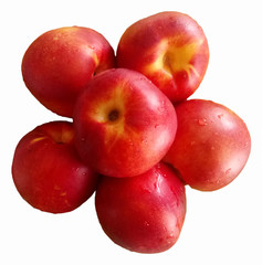 nectarines with water drops on white background