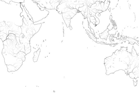 World Map of INDIAN OCEAN: Erythraean Sea, Arabian Sea, Bengal Bay, Sri-Lanka, The Maldives, The Seychelles, Ceylon, India, Africa, Australia, Indonesia, Madagascar. Geographic chart with coastline.