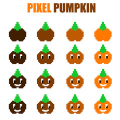 Sixteen illustrated pixel pumpkins for halloween designs.
