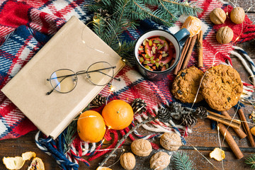 Xmas background with set of objects, symbols and traditional food and drink