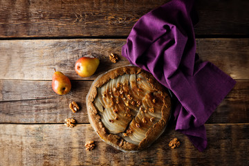 Pear galette cake with walnuts and cinnamon