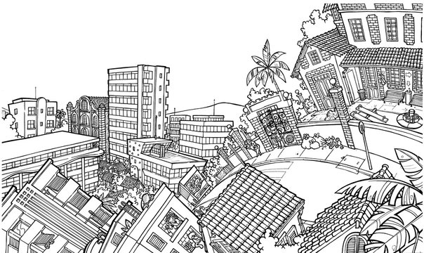 Vista de um bairro, com suas casa, pr&eacute;dios, ruas e ladeiras