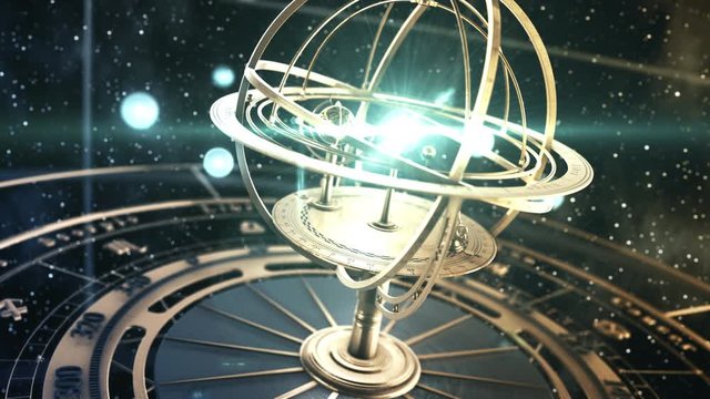 4K. Armillary Sphere And Zodiac Signs On Background Of Starry Sky. 3D Animation. Ultra High Definition. 3840x2160.