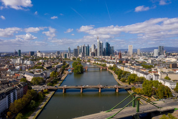 Frankfurt am Main Panorama. The river flows under the Bridge.