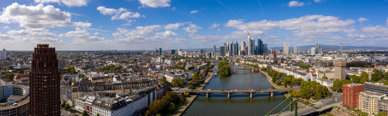 Frankfurt am Main Panorama. The river flows under the Bridge.