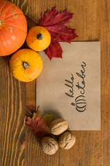 Overview of paper sheet surrounded by walnuts, red maple leaves and pumpkins