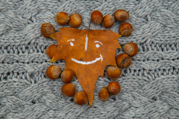 Autumn sentiment. Pictures of Autumn Coffee, Leaves, Books, Hazelnuts and Flowers.