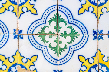 Detail of traditional portuguese tiles of badly preserved 19th century house in the historic center...