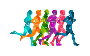 Naklejka na ściany i meble Running marathon, people run, colorful poster. Vector illustration background silhouette sport