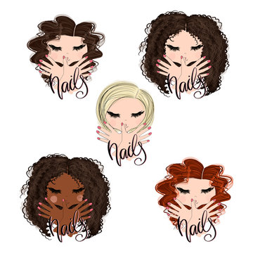 Set Brunette Blonde African American Red Hair Girls Nails Isolated On A  White Background Hand Drawn Illustration Stock Illustration | Adobe Stock