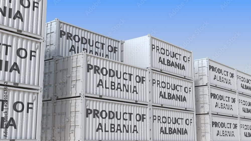 Aufkleber containers with product of albania text. albanian import or export related loopable 3d animation