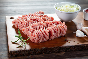Raw minced pork on cutting board and vegetables