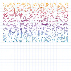 creative kids dancing, sing, playing football, playing guitar, violin, making models from paper. Monochrome pen drawing on squared notebook .