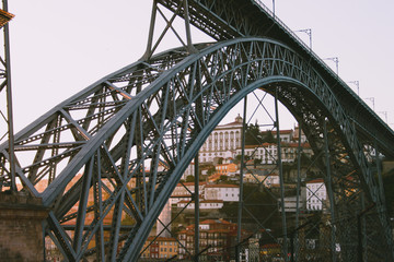 Architectural metalic bridge with panoramic view on the city 