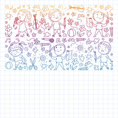 creative kids dancing, sing, playing football, playing guitar, violin, making models from paper. Monochrome pen drawing on squared notebook .