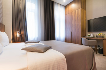 Fototapeta Hotel bedroom interior in the morning obraz