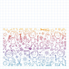 creative kids dancing, sing, playing football, playing guitar, violin, making models from paper. Monochrome pen drawing on squared notebook .