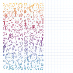 creative kids dancing, sing, playing football, playing guitar, violin, making models from paper. Monochrome pen drawing on squared notebook .