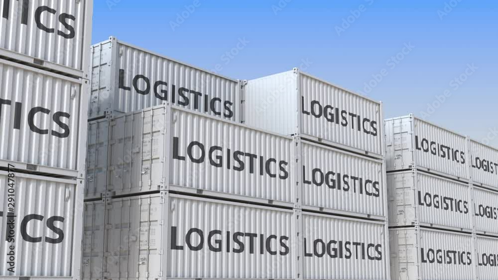 Poster containers with logistics text, loopable 3d animation