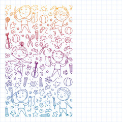 creative kids dancing, sing, playing football, playing guitar, violin, making models from paper. Monochrome pen drawing on squared notebook .