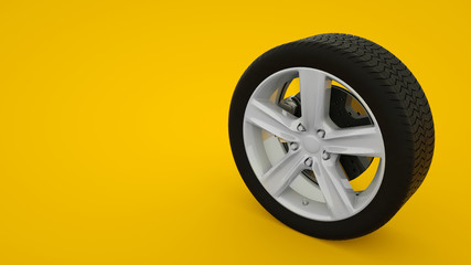 Obraz premium Car wheel isolated on yellow background. 3d illustration