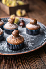 Muffins made from sweet chestnut puree and cocoa, topped with peeled and baked chestnut, dusted with powdered sugar