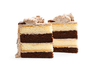 Pieces of layered sponge cake with cookie crumb isolated on white