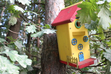 photo of the birdhouse for the birds in the Park.house made with your own hands.the material of wooden.the house is painted a yellow color.on it jewelry.time of year summer.trees with green foliage.
