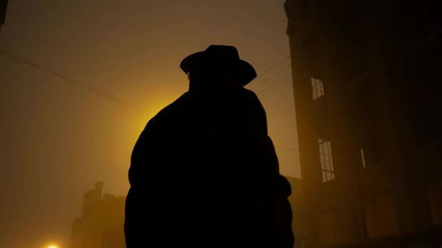 Spy with hat and coat walking fog dark city