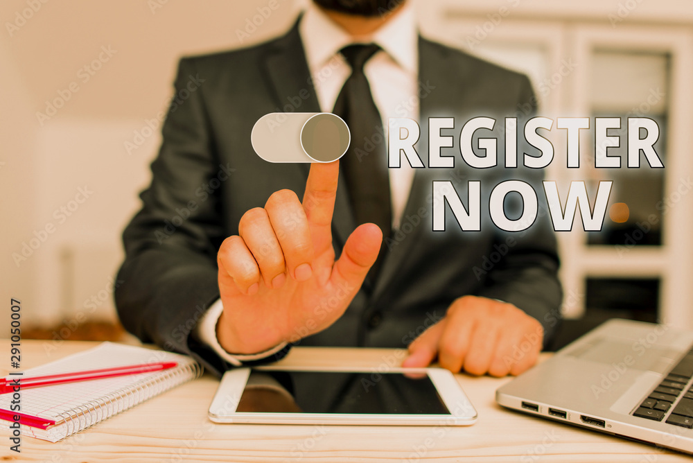 Poster writing note showing register now. business concept for name in an official list enlist to be a memb