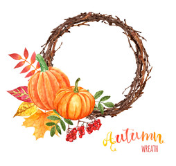 Festive watercolor autumn wreath in rustic style. Fall seasonal decor with colorful tree leaves and orange pumpkins. Round frame made with willow twigs and stems for holiday greetings.