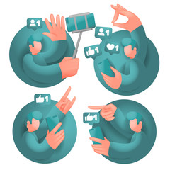 Set of icons with male cartoon 3d characters, having online communication with mobile phones in social network.
