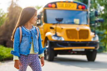 schoolgirl is waiting for a school bus © Angelov
