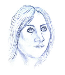 face of a girl looking at the sky, pencil illustration